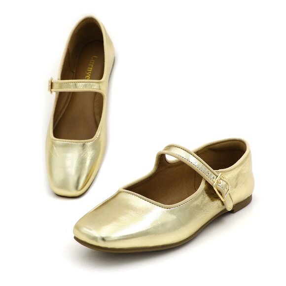 Gold Cushioned Insole Classic Mary Jane Ballet Flat Adjustable Ankle Strap - Picture 7 of 11